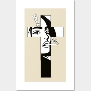 Cross of Jesus with a woman smoking a cigarette Posters and Art